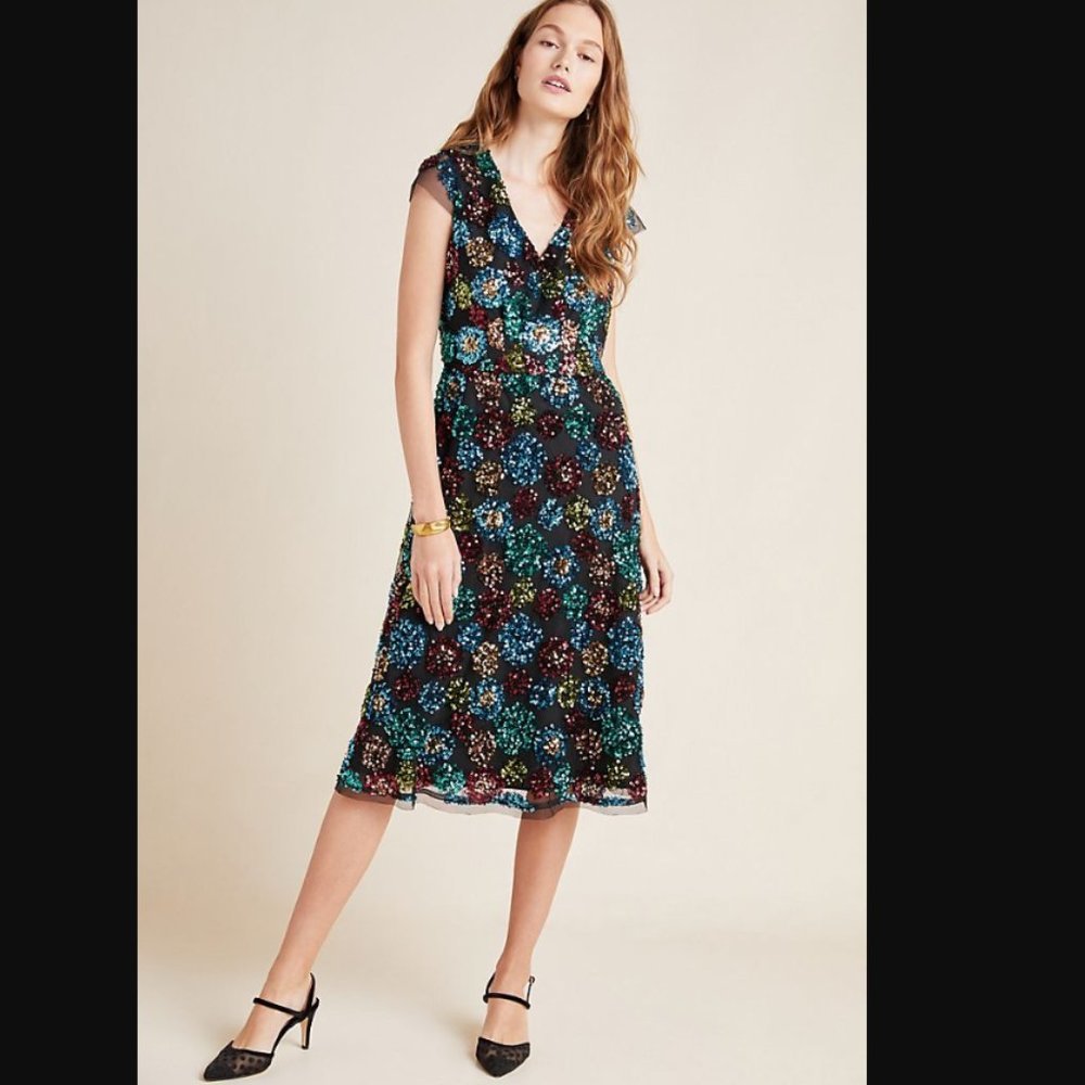 Eva Franco Anthropologie Glenna Sequined Midi Dress Rainbow